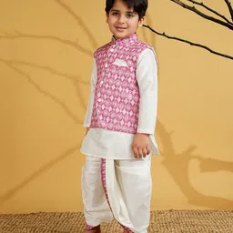 AJ Dezines Silk Blend Woven Full Sleeves Solid Kurta & Dhoti With Geometric Printed Jacket Set - Pink image 4