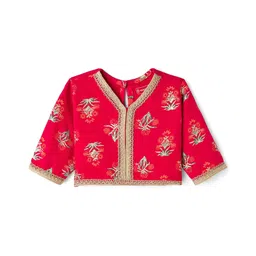 EARTHY TOUCH Single Jersey Kit Three Fourth Sleeves Choli Lehenga Set Dupatta & Floral Glitter Print - Red image 3