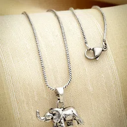 Sanjog Silver-Plated Elephant With Trunk Up Oxidised Pendant With Chain-picture-12