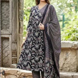 Indo Era Women Floral Printed Angrakha Pure Cotton Kurta with Trousers & With Dupatta-picture-32