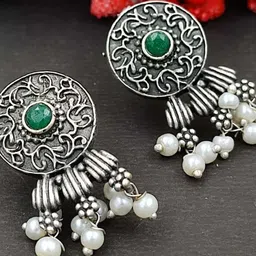 Yash Jewels Emporiums Silver Plated Artificial Stones Studded Oxidised Drop Earrings image 2