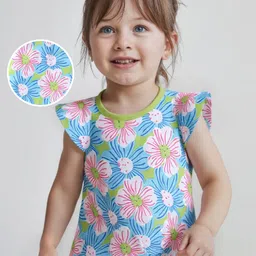 Babyhug 100% Cotton Knit Cap Sleeves Top with Floral Print - Lime Green & Blue-picture-17
