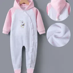 Kookie Kids Full Sleeves Footed  Hooded Winter Wear Romper with Bunny Embroidery - Pink-image-42