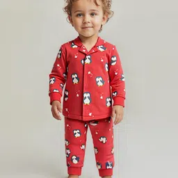 Babyoye Single Jersey Knit Full Sleeves Night Suit With Penguin Print - Red-picture-10