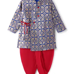 Earthy Touch Woven Full Sleeves Brocade Printed Kurta Dhoti Set - Blue & Red-picture-11