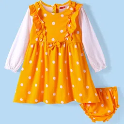 Babyhug Cotton Knit Full Peasant Sleeves Polka Dots Printed Frock with Bloomer & Frill Detailing- Yellow-image-12