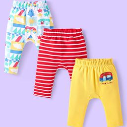 Babyhug Cotton Knit Full Length Diaper Leggings With Stripes & Vehicle Print Pack Of 3 - Red & Yellow-picture-39