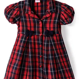 Babyhug Cotton Woven Half Puffed Sleeves Checkered Collared Winter Frock with Bow Applique - Dark Red-picture-21