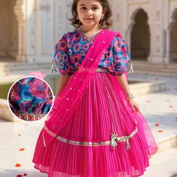 Babyhug Woven Short Puffed Sleeves Floral Printed Choli with Lehenga & Dupatta Set Sequinned Detailing - Dark Pink-picture-19