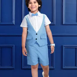 Mark & Mia Half Sleeves Solid Colour Party Shirt & Shorts With Bow Applique - Light Blue & White-picture-27