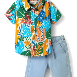 Babyhug Cotton Woven Half Sleeves Shirts and Shorts Set with Leaves Print - Light Blue-picture-22
