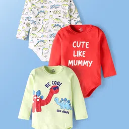Doodle Poodle Interlock Knit Full Sleeves Dino Print Onesie Pack of 3 - Red & White image 1