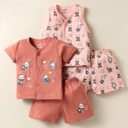 CUCUMBER Sinker Knit Half Sleeves Co-Ord Shorts Night Suit With Panda Print Pack of 2 - Baby Pink & Coral-picture-32
