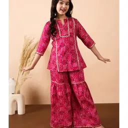 StyloBug Cotton Woven Three Fourth Sleeves Ethnic Printed Gota Lace Embellished Kurti Sharara Set - Dark Pink image 1