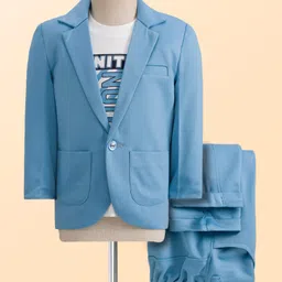 Rikidoos Full Sleeves Solid Blazer With Typography Printed Tee & Pant Set - Sky Blue & White-image-83