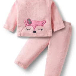 Babyhug Velour Knit Full Sleeves Winter Wear Night Suit With Animal Embriodery - Pink-picture-12