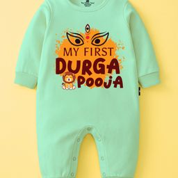The Peppy Tend 100% Cotton Knit Durga Puja Theme Full Sleeves My First Durga Pooja Text Printed Romper - Sea Green-picture-5