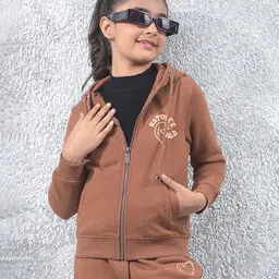 CRIMSOUNE CLUB Cotton Knit Full Sleeves Natures Child Text Printed Light Winter Hooded Sweatjacket - Brown-picture-29