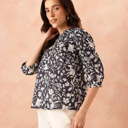all about you Floral Print Mandarin Collar Puff Sleeves Pure Cotton Shirt Style Top image 2