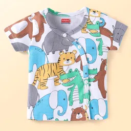 Babyhug Interlock Knit Half Sleeves Front Open Vests with Animal Print & Stripes Pack of 3 - Light Blue & White image 2