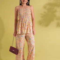 Globus Indie Print Strappy Shoulder Smocked Peplum Top With Palazzos Co-Ords-picture-24