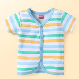 Babyhug Interlock Knit Half Sleeves Front Open Vests with Animal Print & Stripes Pack of 3 - Light Blue & White image 4