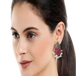 Sangria Sliver Plated Crystal Studded Leaf Earrings image 2