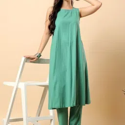 here&now Sea Green Cotton Flex Solid & Hand Embroidery Work Kurta With Trousers Set image 5