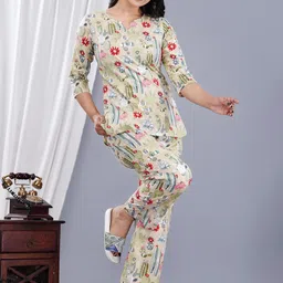 Dhruvi Art jewellery store Floral Printed Round Neck Pure Cotton Kurti With Pyjamas image 2