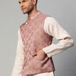 MANQ Men Pink & Golden Woven Design Nehru Jacket image 4