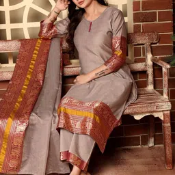 Snofi Creation Ethnic Motifs Printed Pure Cotton Straight Kurta With Trousers & Dupatta image 4