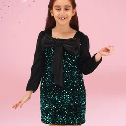 Cutecumber Full Puffed Sleeves Bow Applique Detailed Sequins Embellished Dress - Teal Blue-image-32