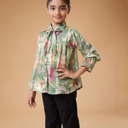 MASTARANG Satin Three Fourth Peasant Sleeves Floral Printed & Bow Applique Detailed Shirt Style Top - Green-picture-17