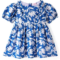 Babyhug Cotton Woven Puffed Sleeves Frock with Floral Print - Blue-picture-12