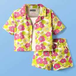 Pine Kids Single Jersey Knit Half Sleeves Top & Shorts Set With Floral Print & Inner Top - Light Green-picture-15