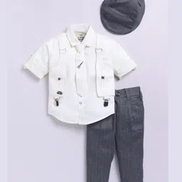 LITTLE COLLARS Blended Full Sleeves Solid Shirt With Attached Suspender Pant Cap & Tie Set - Grey-picture-24
