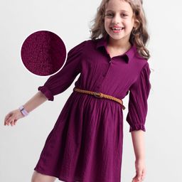 Hola Bonita Woven Full Sleeves Solid Color Collared Frock With Belt - Wine-picture-46