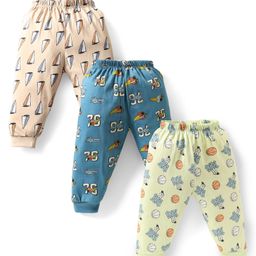 CUCUMBER Cotton Knit Full Length Leggings With Sport Theme Print Pack Of 3 - Peach & Blue-picture-24
