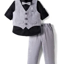 JASH KIDS Linen Woven Full Sleeves 3 Piece Solid Color Party Suit - Black & Grey-image-99