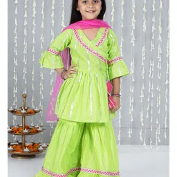 KID1 Cotton Woven Three Fourth Sleeves Foil Striped & Gota Lace Embellished Angrakha Kurti Sharara With Dupatta Set - Green-picture-12