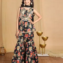 Cutiekins Georgette Woven Sleveless Floral Printed Lace Embellished Kurti & Sharara With Dupatta Set - Black & Gold-picture-16