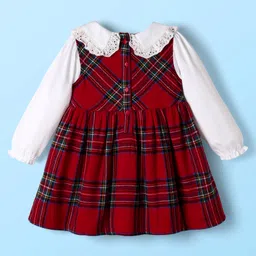Babyhug Cotton Knit Full Sleeves Peter Pan Collar Frock with Checks Print - Red & White image 2