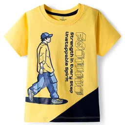 OLLINGTON ST. Cotton Knit Half Sleeves Text Printed T-Shirt & Joggers Set - Yellow & Navy Blue image 2