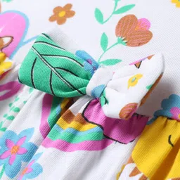 Babyhug Single Jersey Knit Sleeveless Frock With Animal & Floral Print & Bow Applique - White image 3