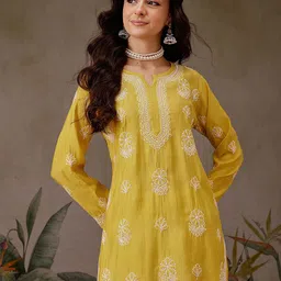 ADA Ethnic Motifs Embroidered Chikankari Chanderi Silk Chikankari Kurti-picture-11