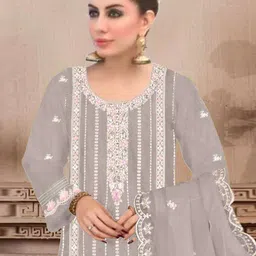 ODETTE Floral Embroidered Regular Georgette Straight Kurta with Trousers & Dupatta-image-26