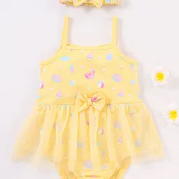 Babyhug 100% Cotton Knit Sleeveless Frock Style Onesie with Headband Beach Print - Yellow-picture-12
