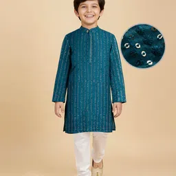 Pine Kids Woven Full Sleeves Sequinned Kurta Pyjama Set - Teal Blue-image-39