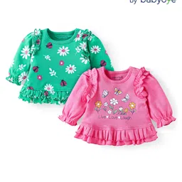 Babyoye Eco Conscious 100% Cotton Full Sleeves Tops With Floral Print & Frill Detailing Pack of 2 - Dark Pink & Green-image-54