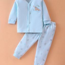 Simply Interlock Knit Full Sleeves Night Suit With Animals Print - Sky Blue-picture-1